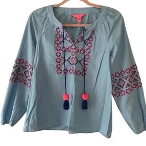 Lilly Pulitzer Cecile Zanzibar Blue Embroidered Long Sleeve Tunic dolman Sleeve